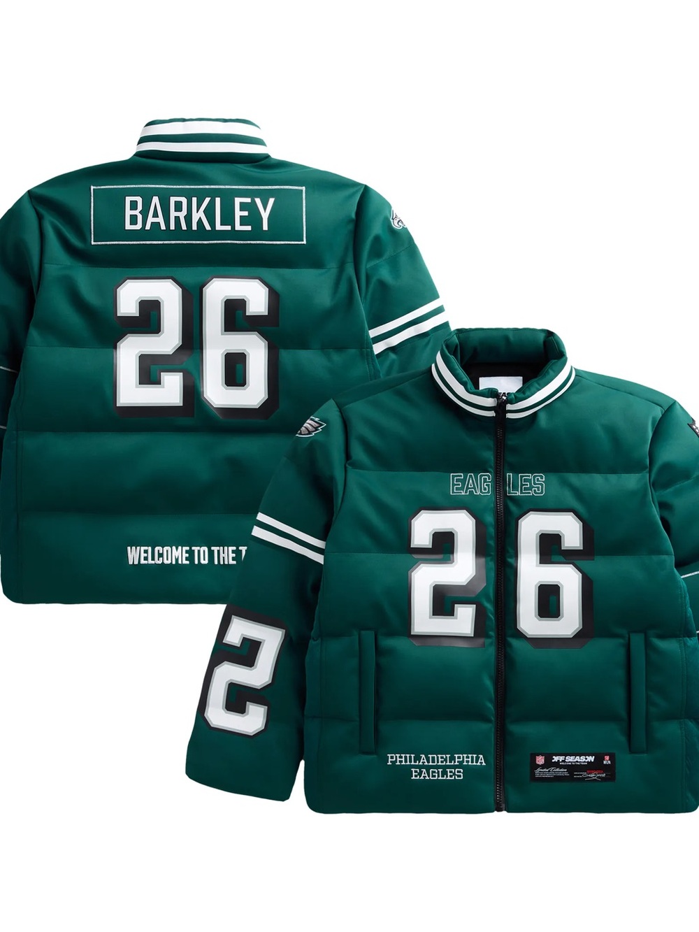 Philadelphia Eagles Green Puffer Jacket with Number 26 Saquon Barkley - Picture 9 of 12